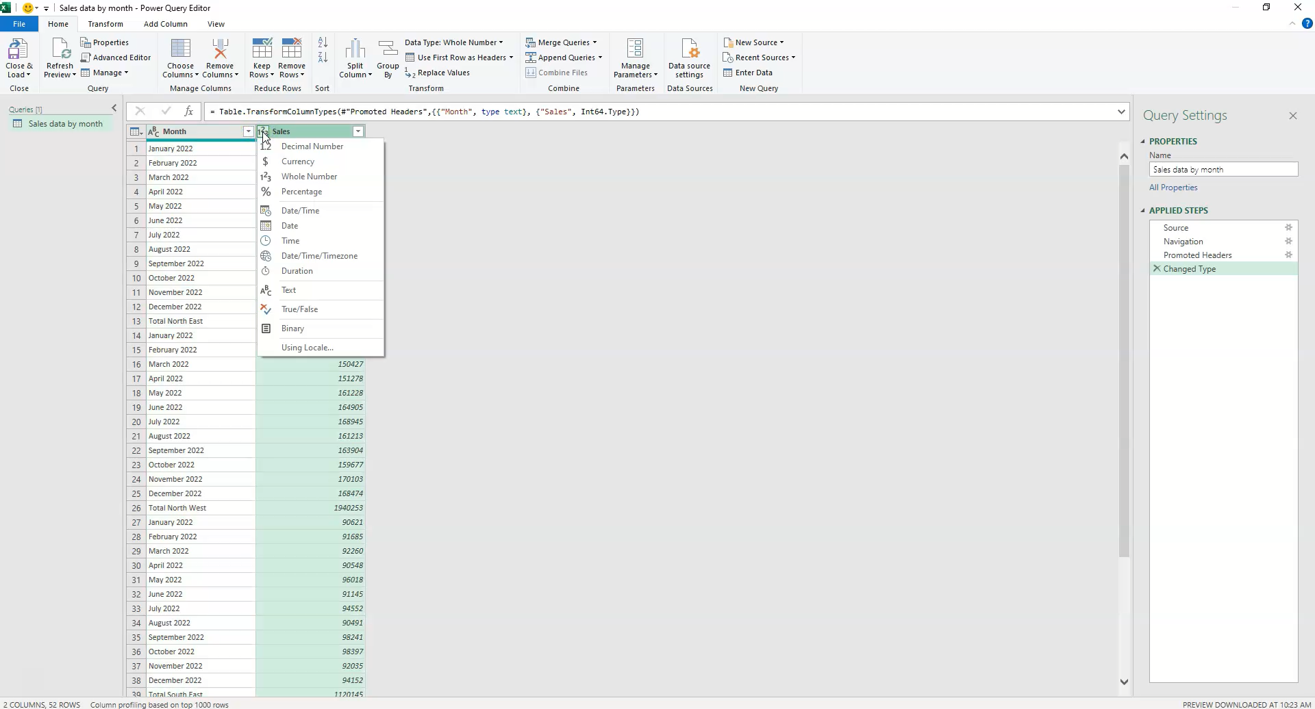 Alt Text: Changing the sales column data type to decimal
