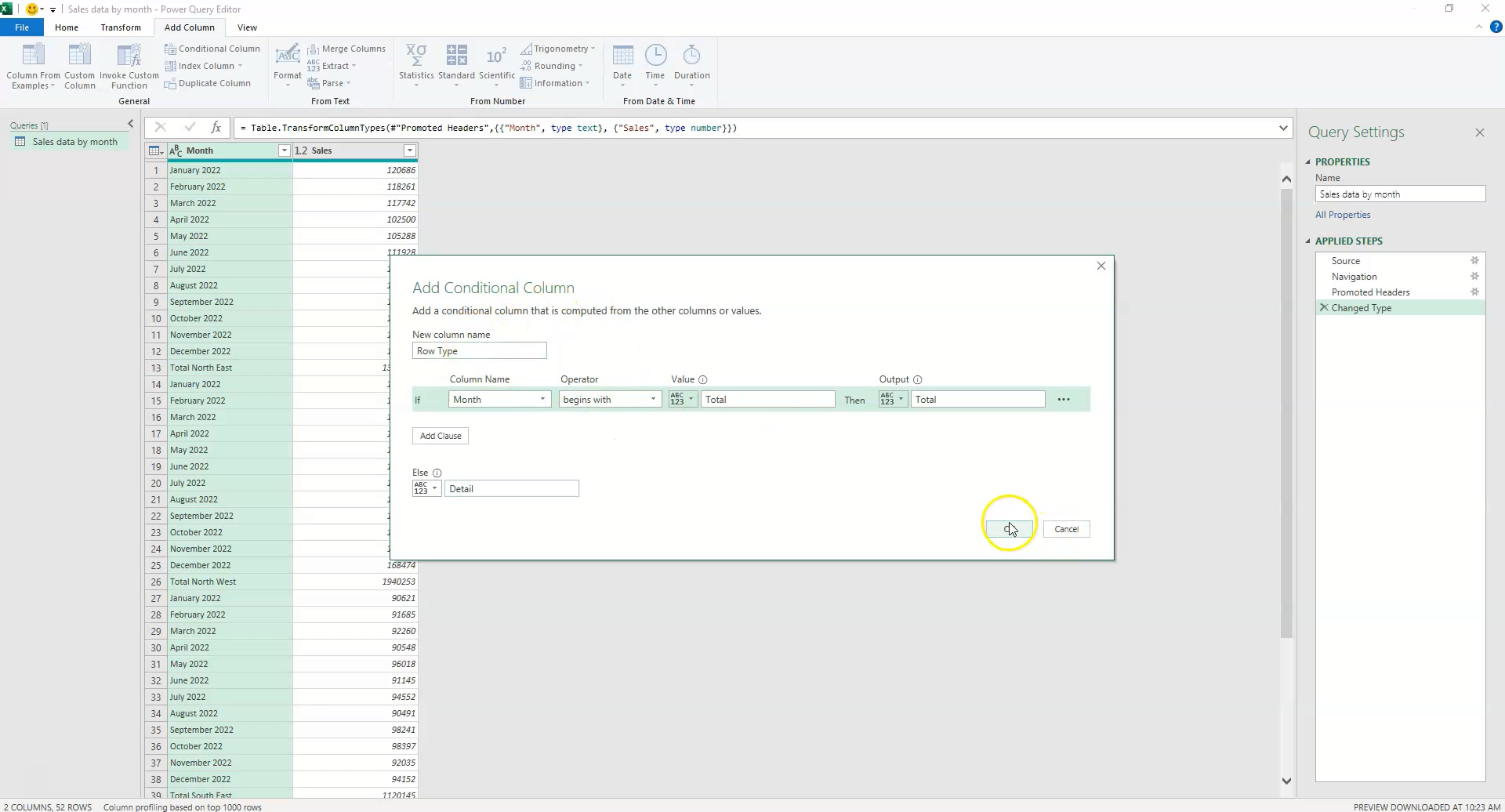 Alt Text: Setting up the Conditional Column to identify Total rows