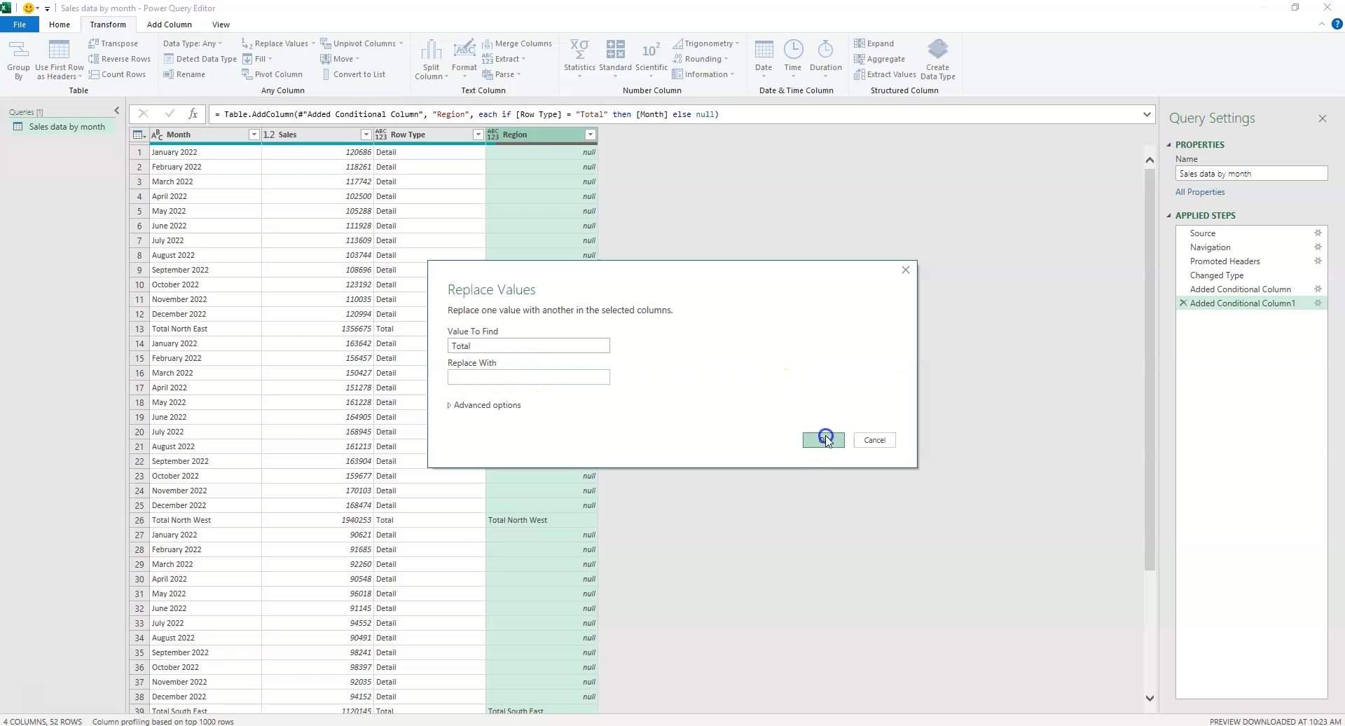 Alt Text: Using Replace Values to clean the Region name