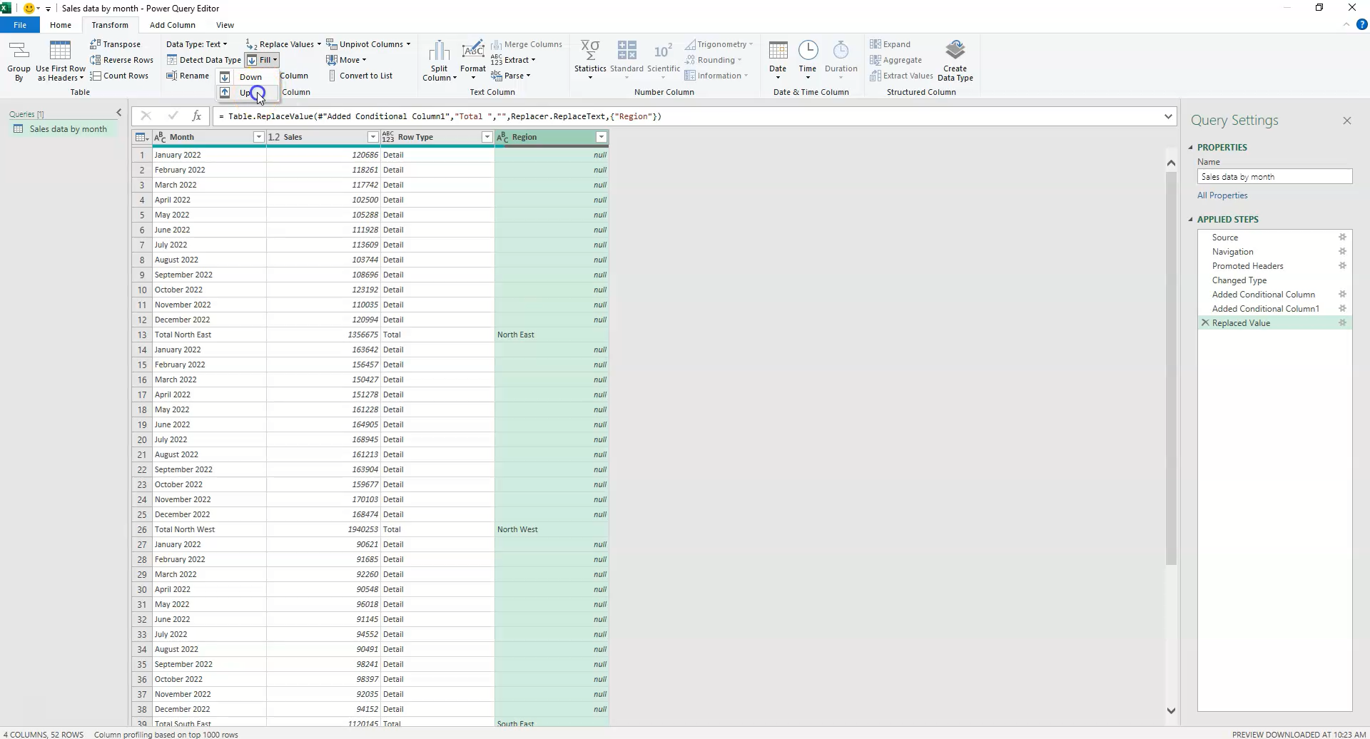 Alt Text: The Fill Up command populating region names