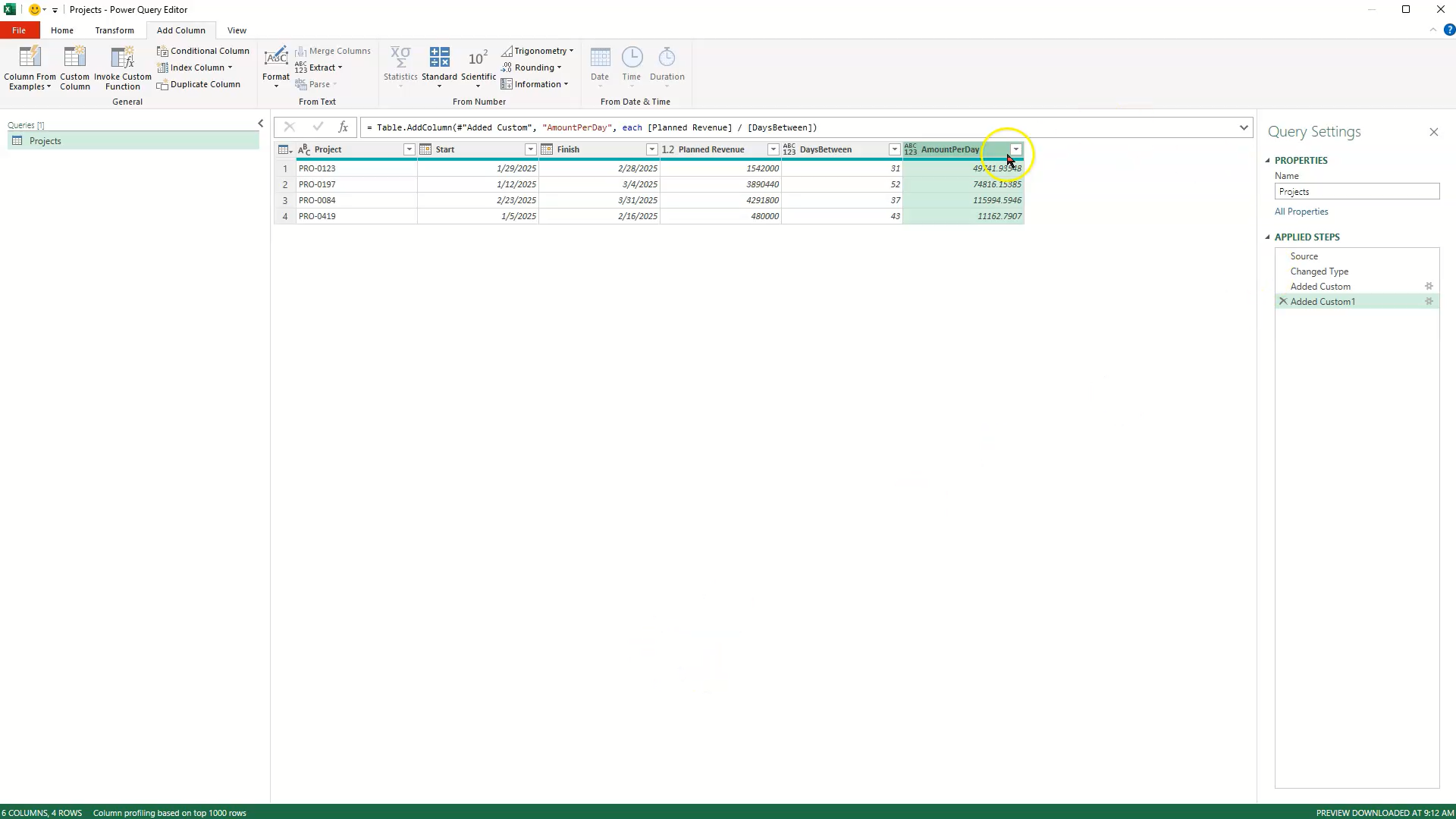 Alt Text: The Power Query Editor window showing the project table with two new calculated columns added: 'DaysBetween' and 'AmountPerDay'.