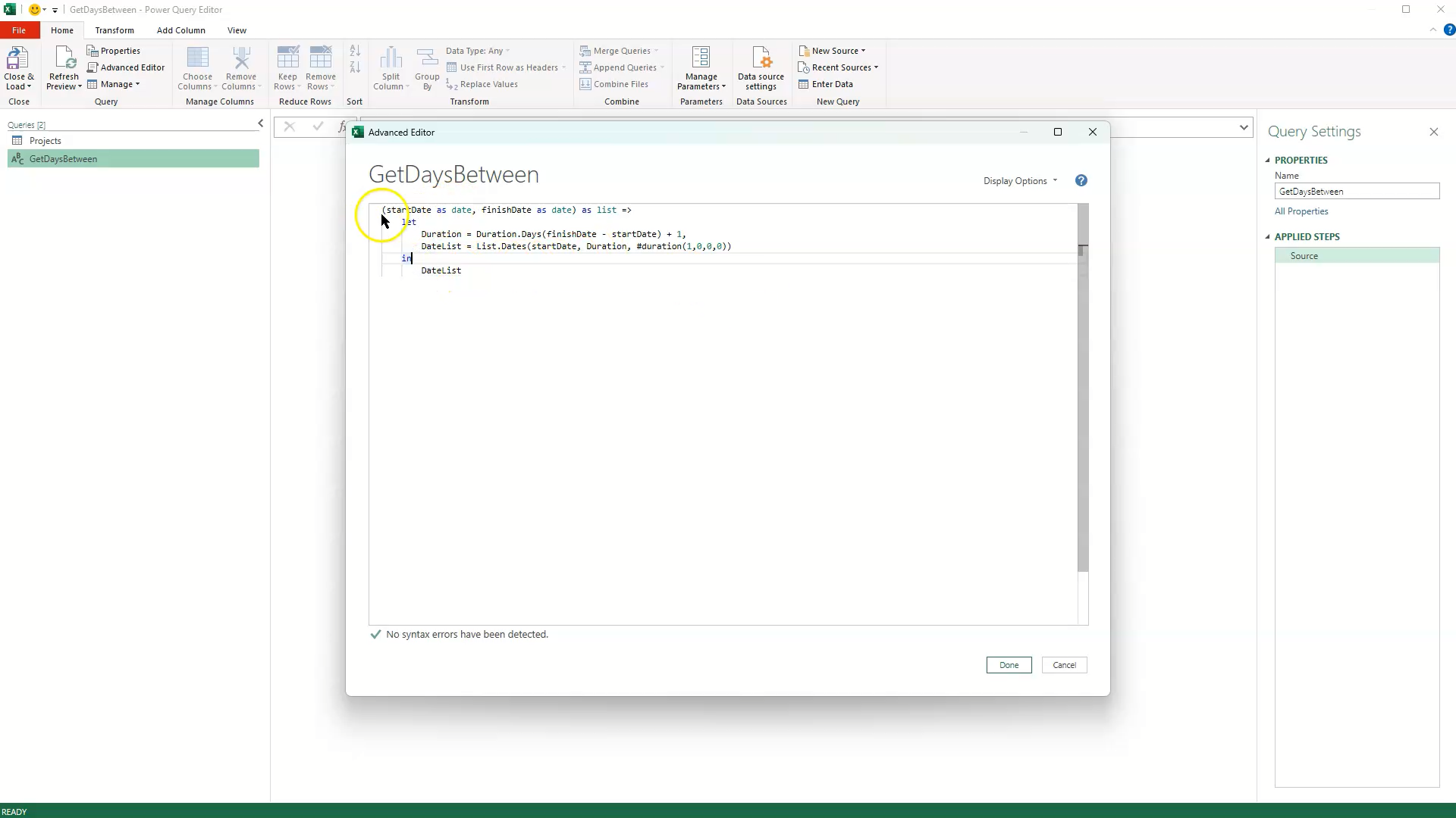 Alt Text: The Power Query Advanced Editor window displaying the custom M-code script used to generate a list of dates between a specific start and end date.