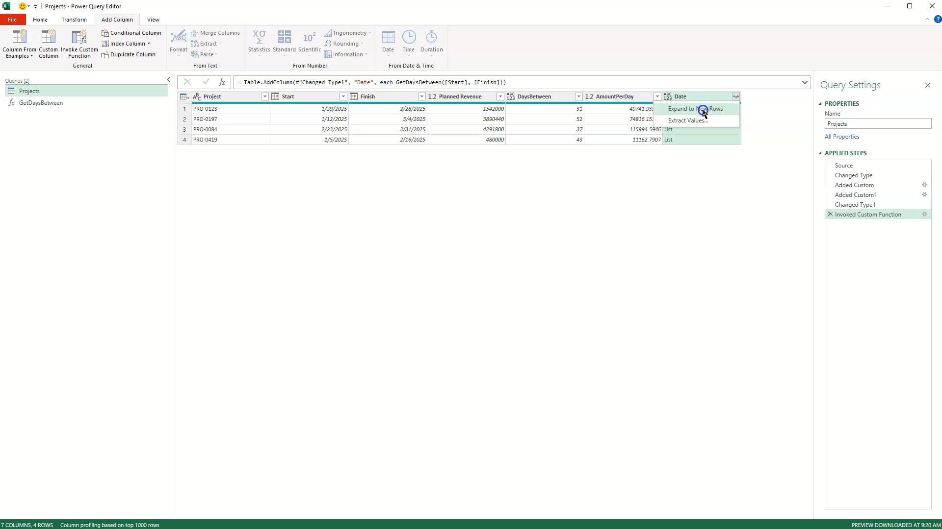 Alt Text: A user clicking the double-arrow expand icon on a list column in Power Query and selecting the 'Expand to New Rows' option to generate daily records.