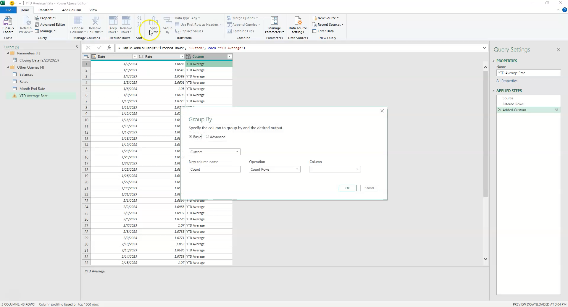 Alt Text: configuring the Group By dialog to calculate the average rate