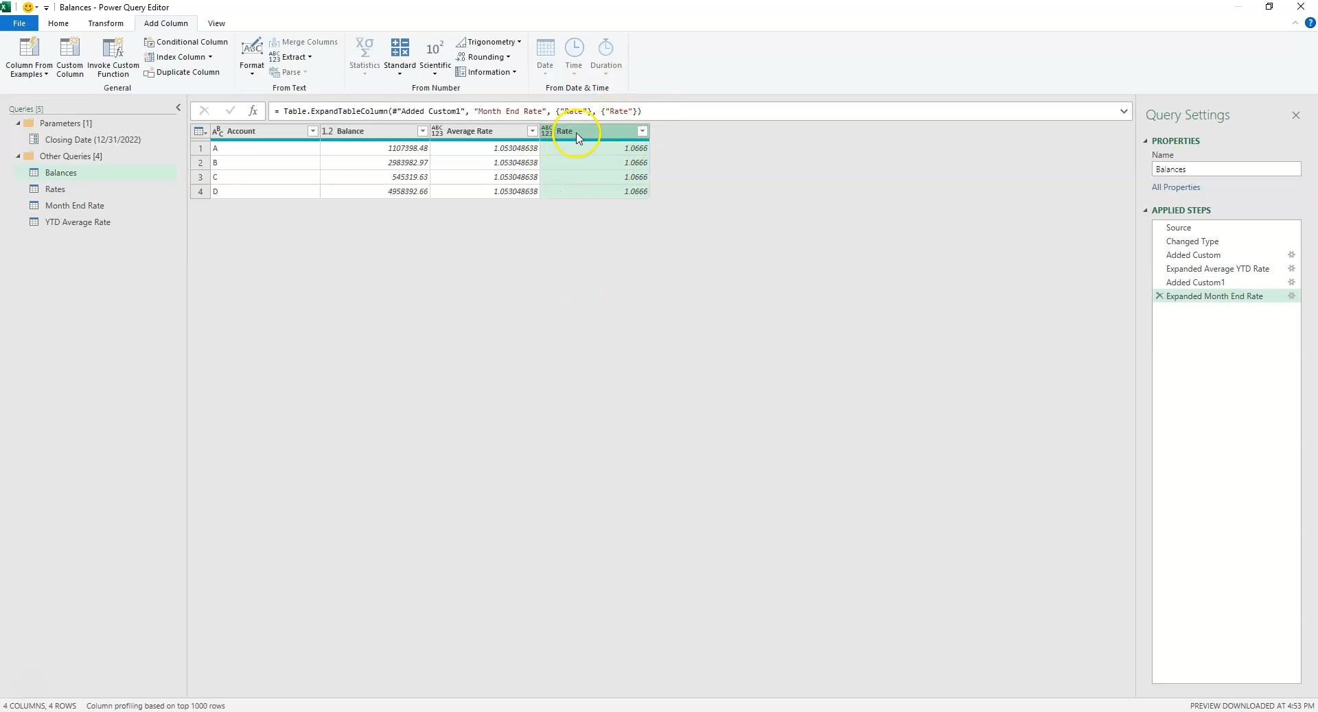 Alt Text: The final Excel table showing dynamic Month End and Average rates